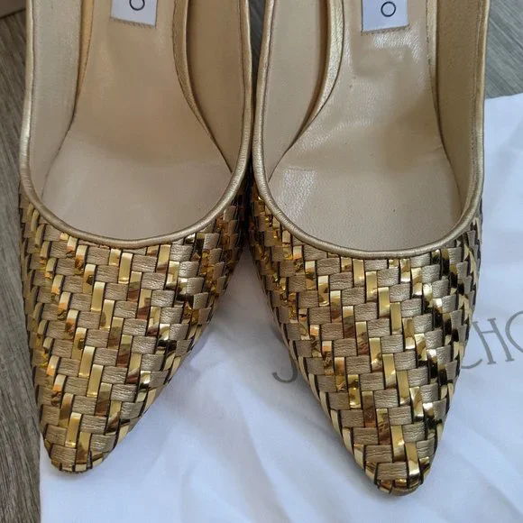 Jimmy Choo Romy 85 Gold Mix Woven Metallic Fabric Pointy Toe Pump Sz/ 8.5 - Picture 10 of 15